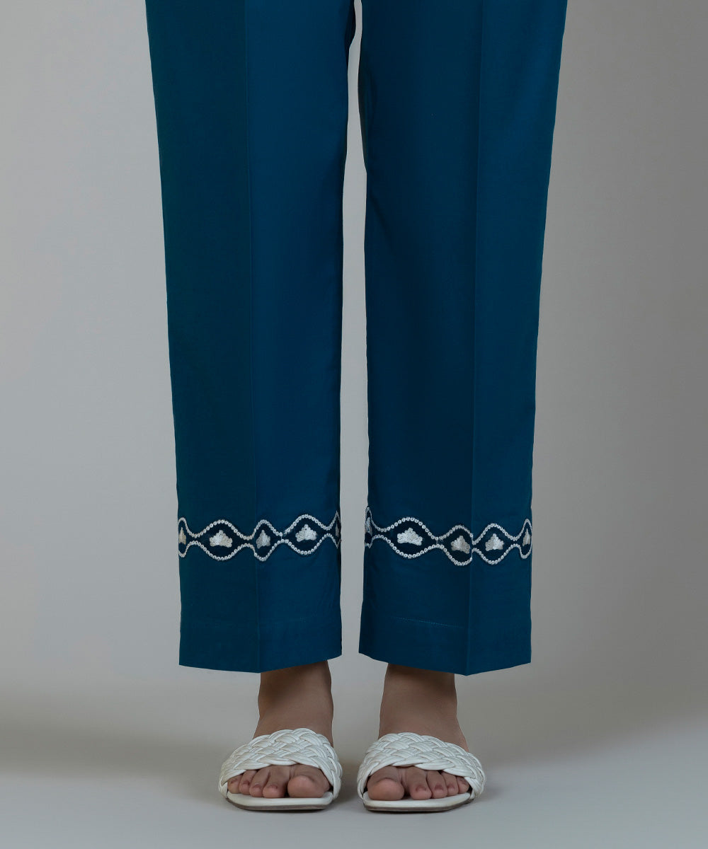 Women's Pret Cambric Embroidered Blue Straight Pants