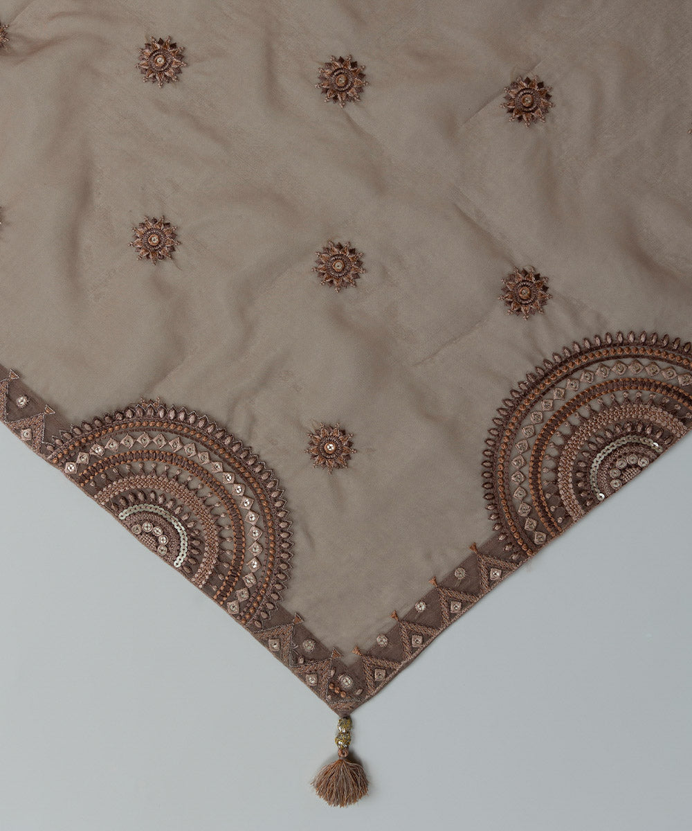 Blended Organza Brown Embroidered Dupatta