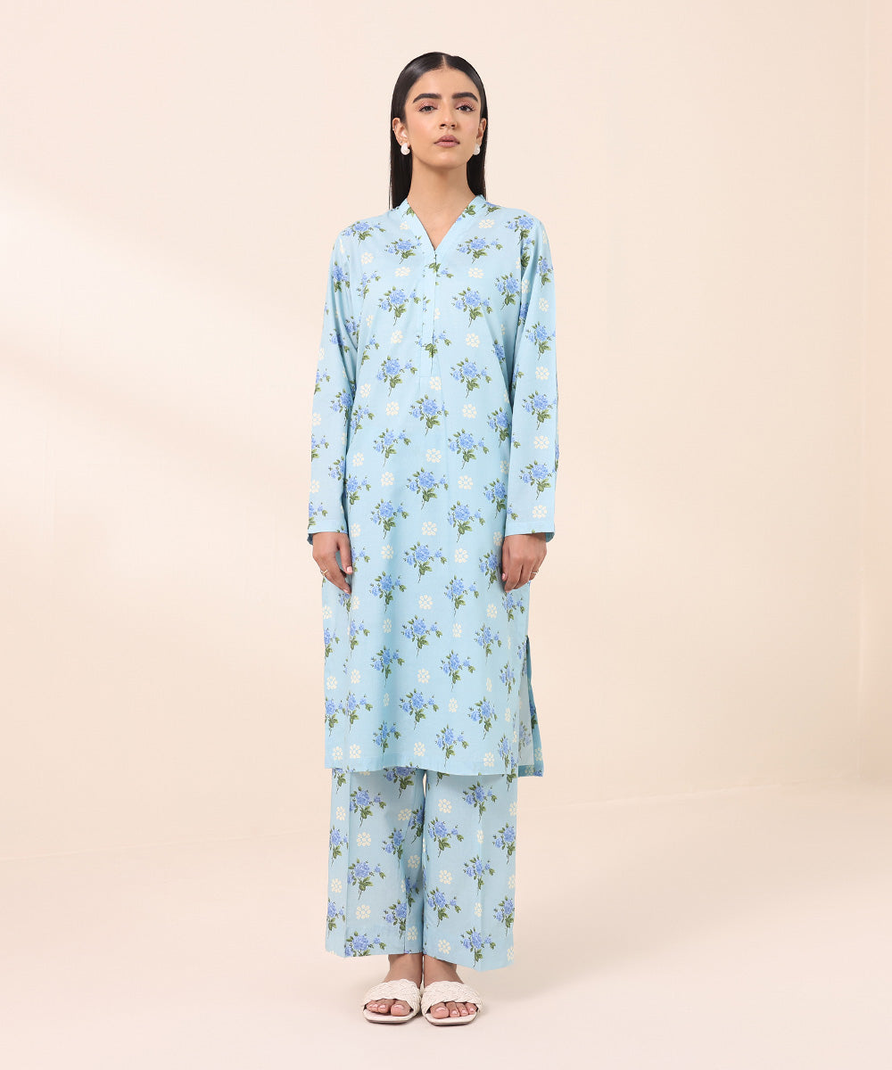 Women's Pret Cotton Viscose Printed Blue Straight Shirt