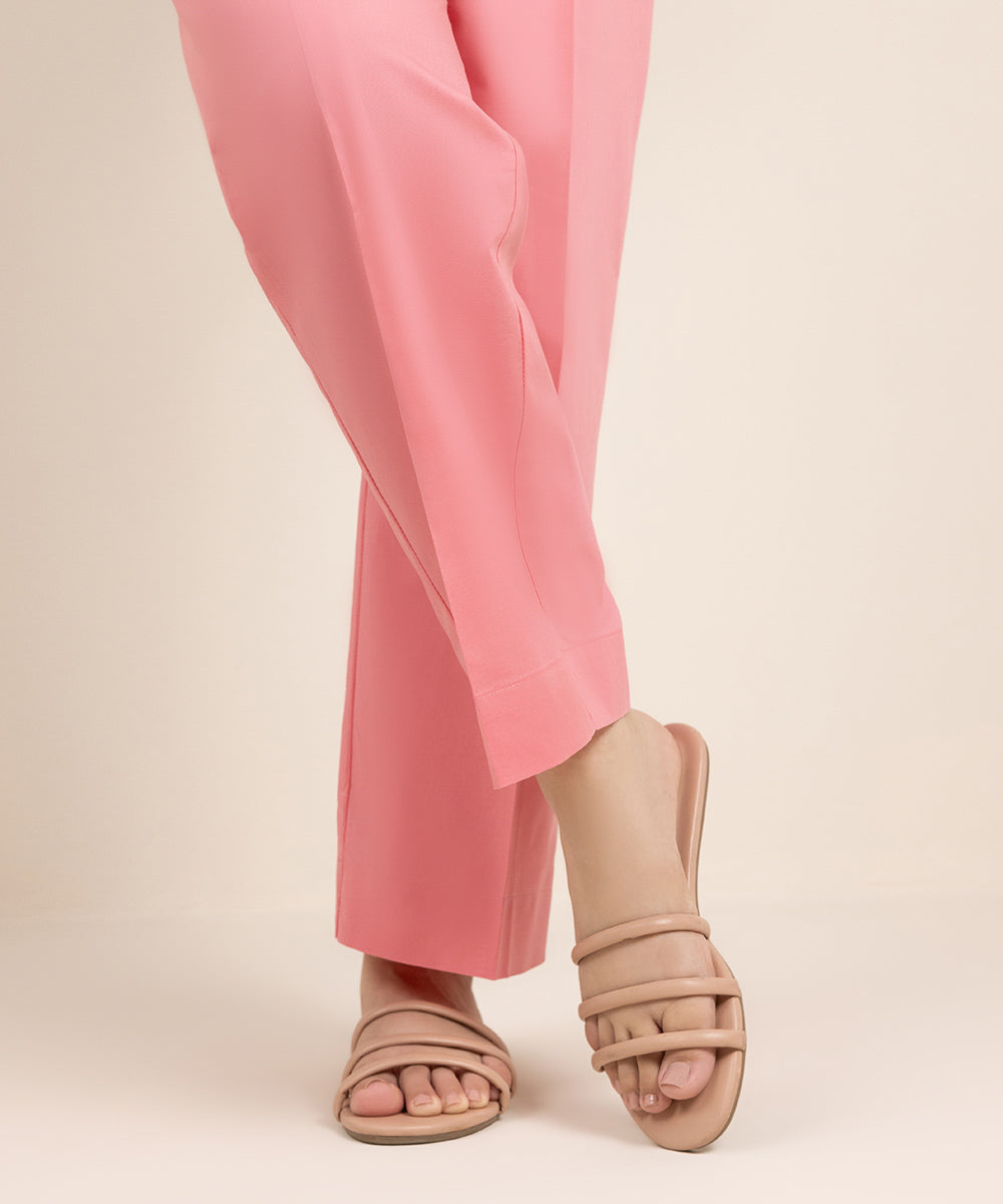 Women's Pret Cambric Solid Pink Straight Pants