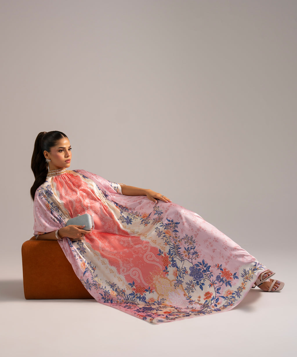 Women's RTW Blended Satin Printed Pink Kaftan