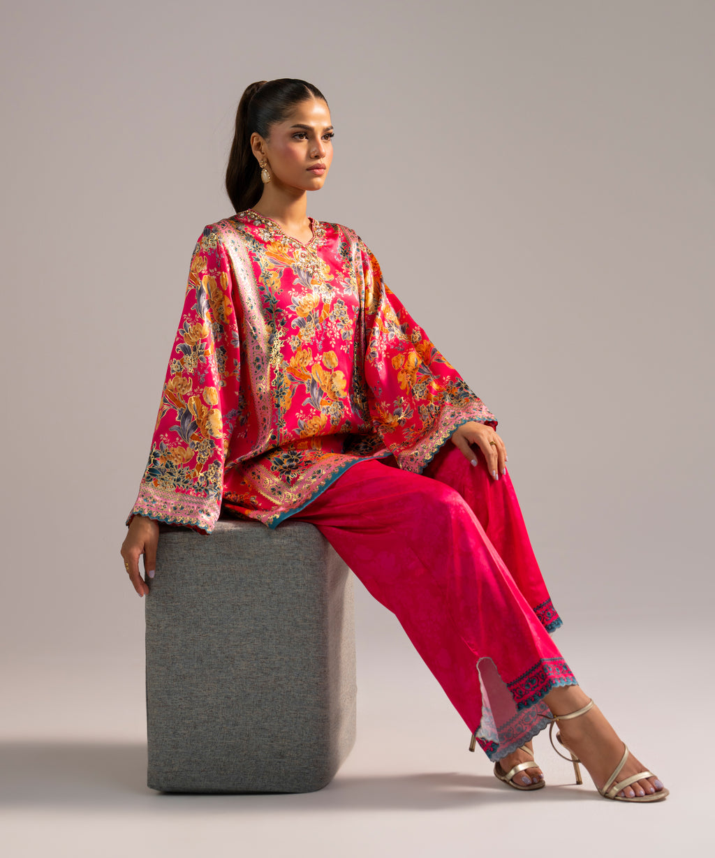 Women's RTW Blended Satin Printed Pink 2 Piece Suit
