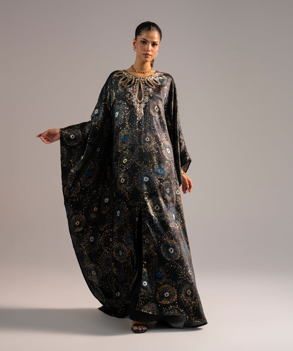 Women's RTW Blended Satin Printed Black 2 Piece Suit