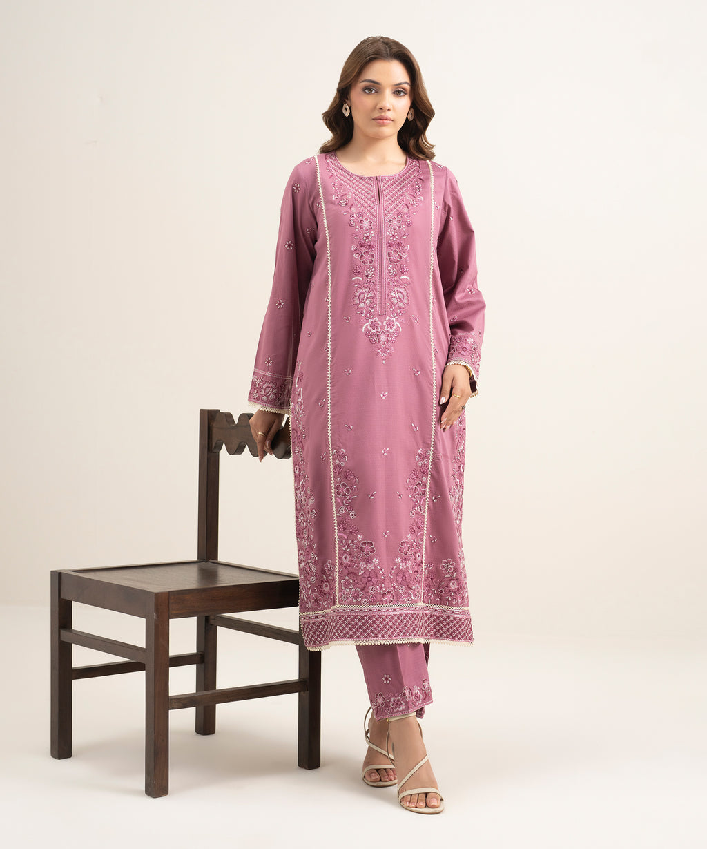 Women's RTW Dobby Embroidered Pink A-Line Shirt