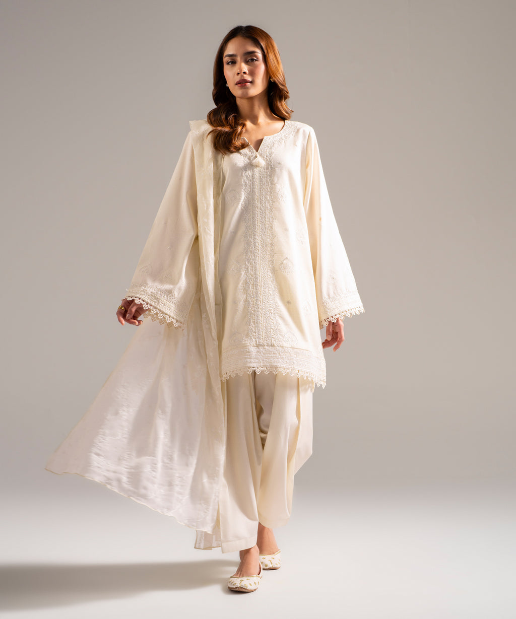 Women's RTW Dobby Embroidered Off White 3 Piece Suit