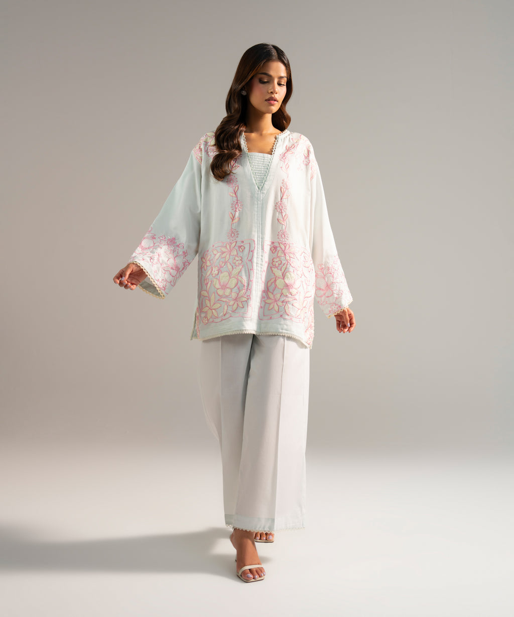 Women's RTW Cotton Satin Embroidered Blue 2 Piece Suit