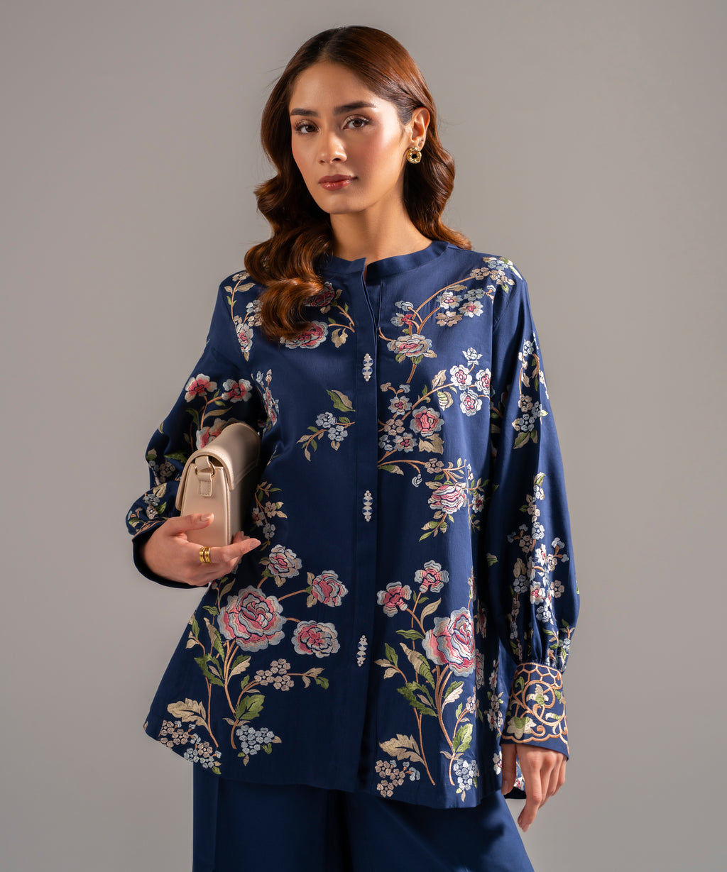 Women's RTW Cotton Satin Embroidered Dark Blue 2 Piece Suit