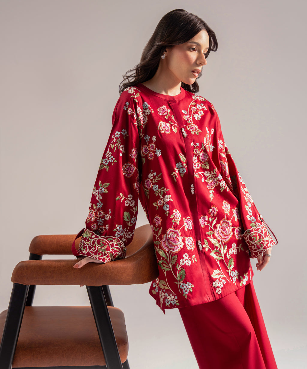 2 Piece - Embroidered Cotton Satin Suit