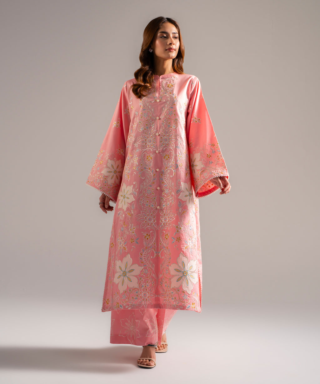 Women's RTW Cotton Satin Embroidered Pink 2 Piece Suit