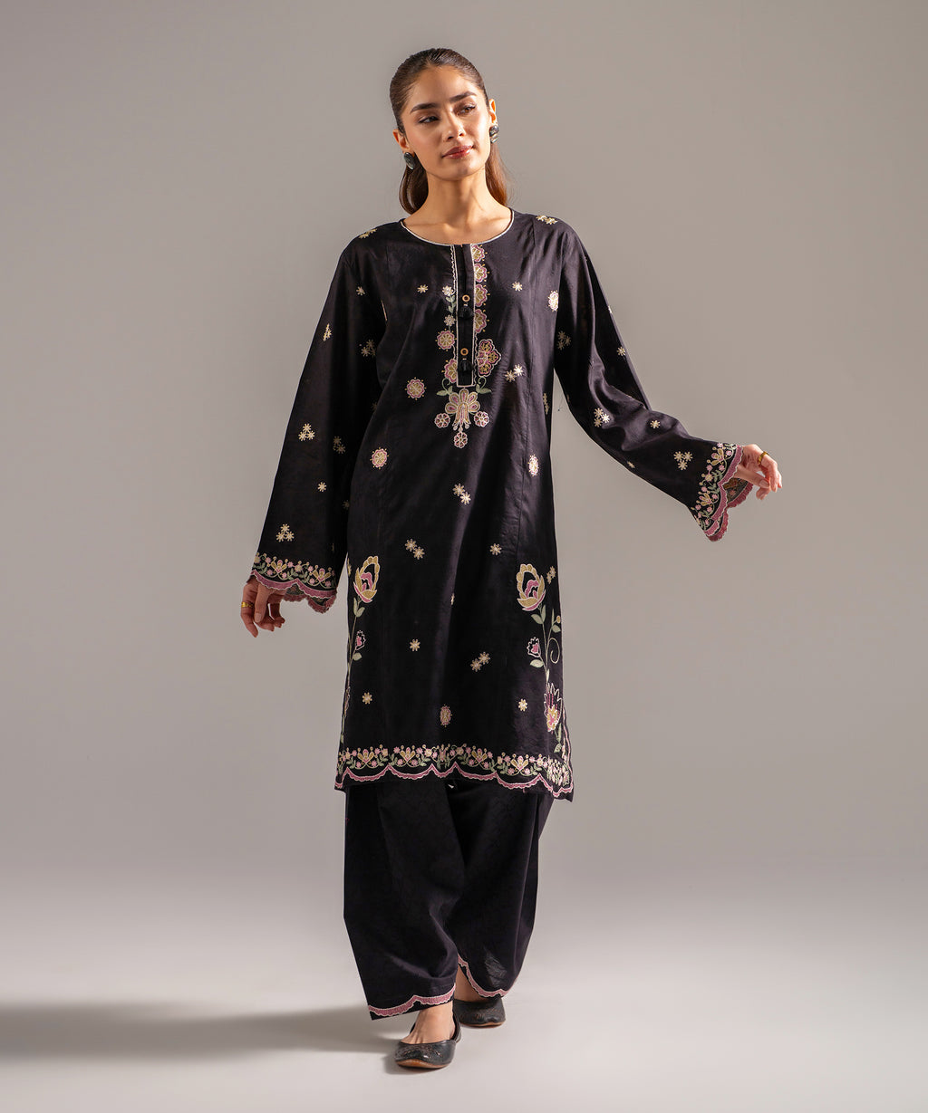 Women's RTW Self Jacquard Embroidered Black 2 Piece Suit