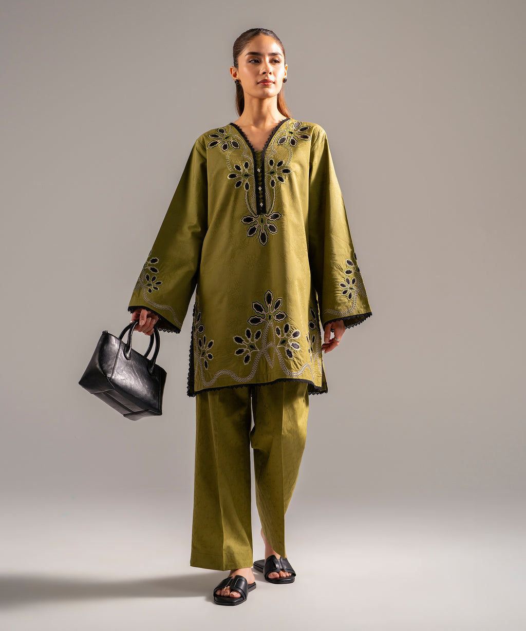 Women's RTW Self Jacquard Embroidered Olive Green 2 Piece Suit
