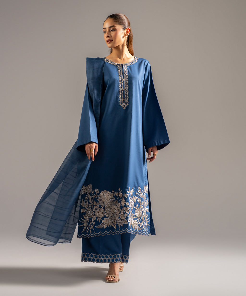 Women's RTW Cotton Satin Embroidered Dark Blue 3 Piece Suit
