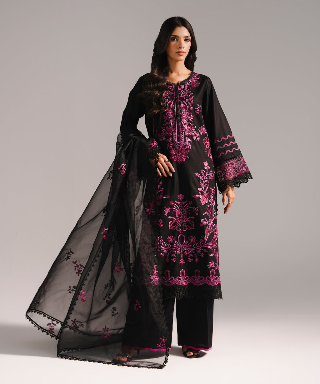 3 Piece - Embroidered Cotton Satin Suit