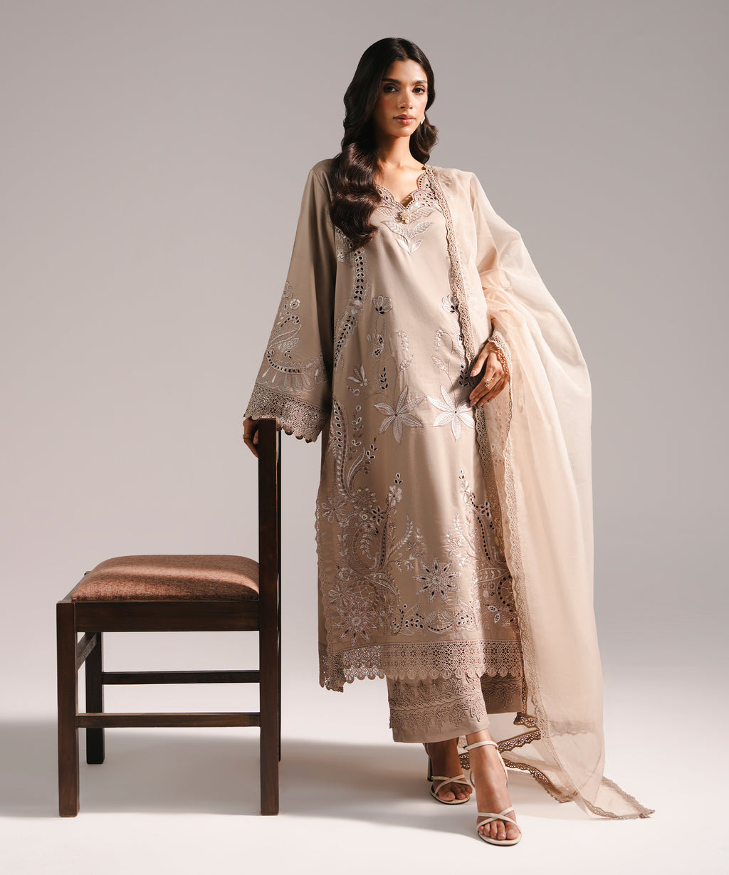 3 Piece - Embroidered Cotton Satin Suit