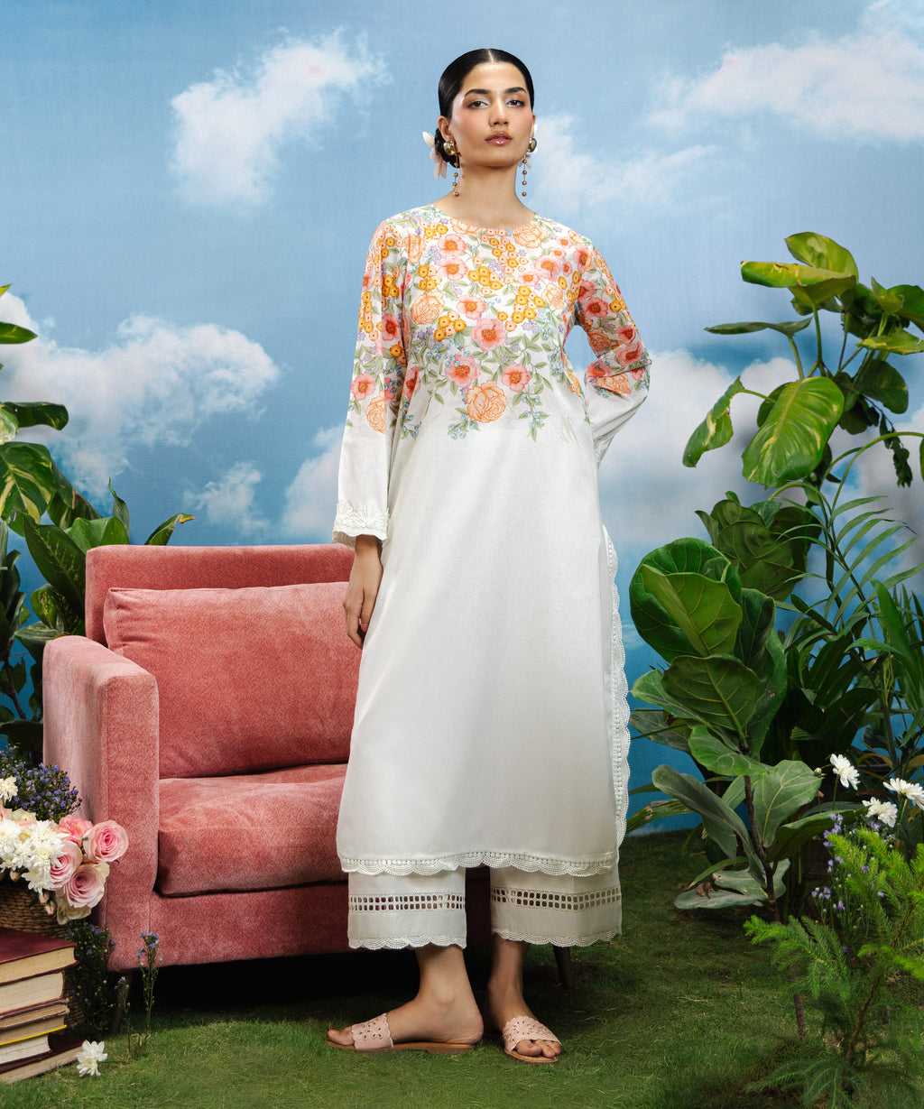 Women's RTW Lawn Printed White 2 Piece Suit