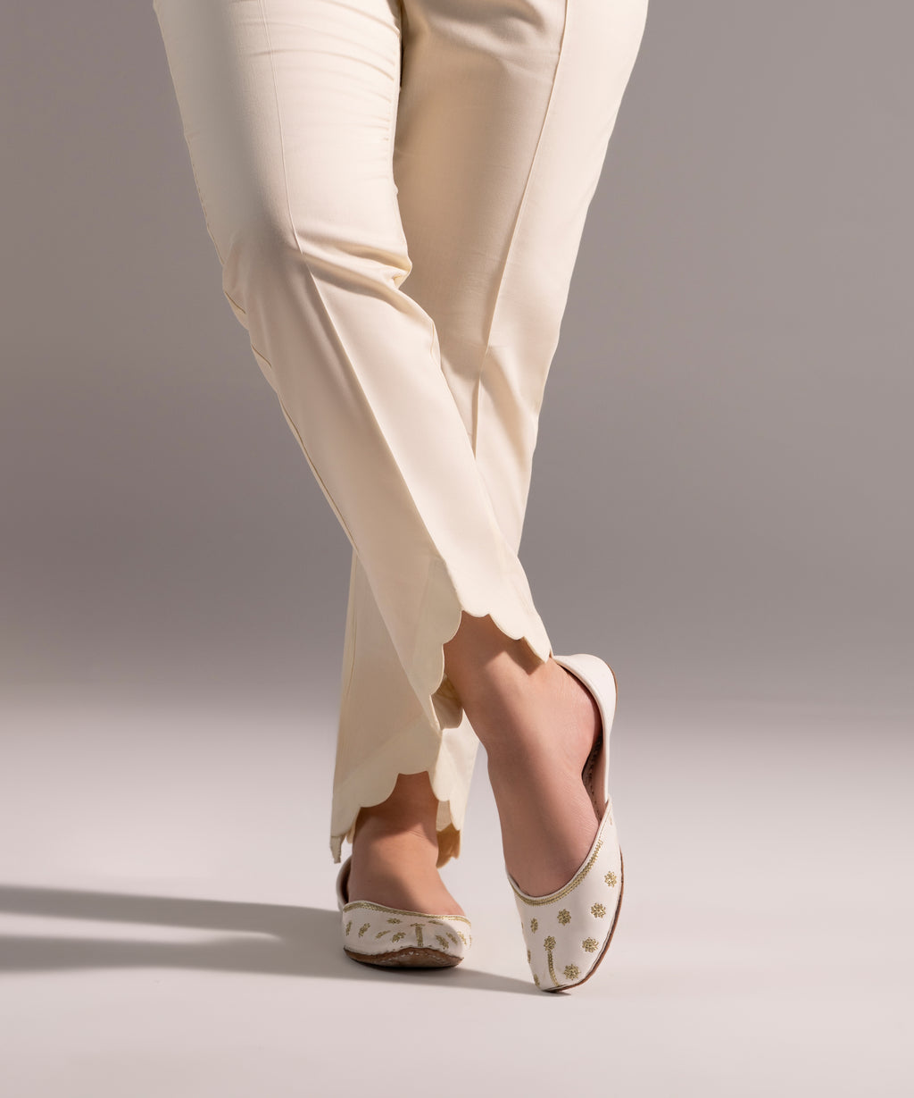 Women's RTW Cotton Viscose Solid Off White Straight Pants