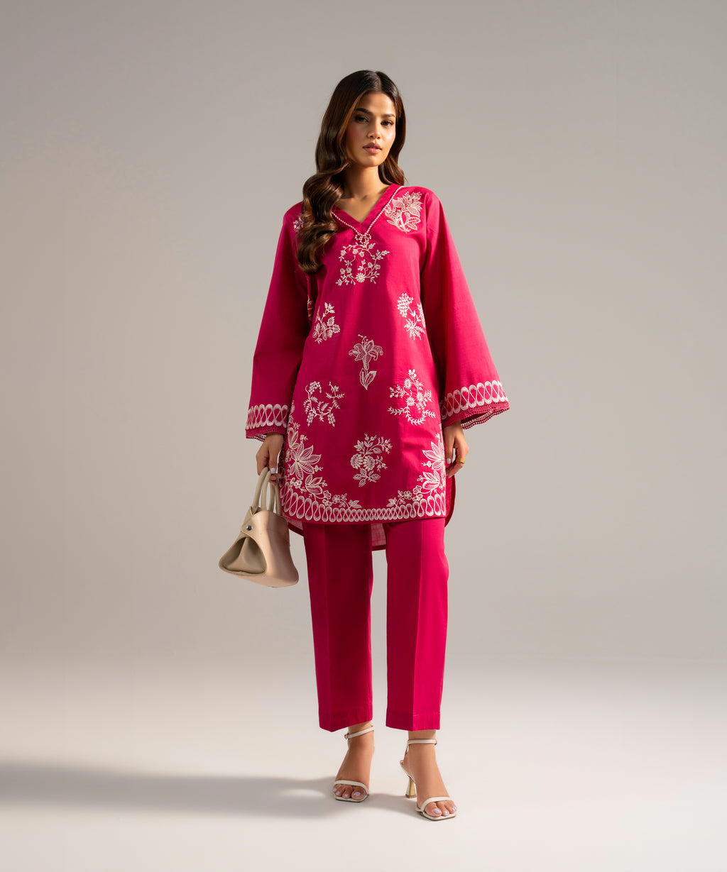 Women's RTW Crosshatch Embroidered Pink Straight Shirt