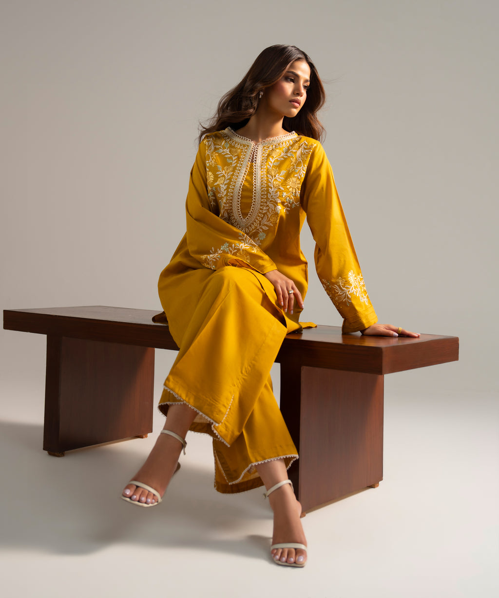 Women's RTW Crosshatch Embroidered Mustard Yellow Straight Shirt