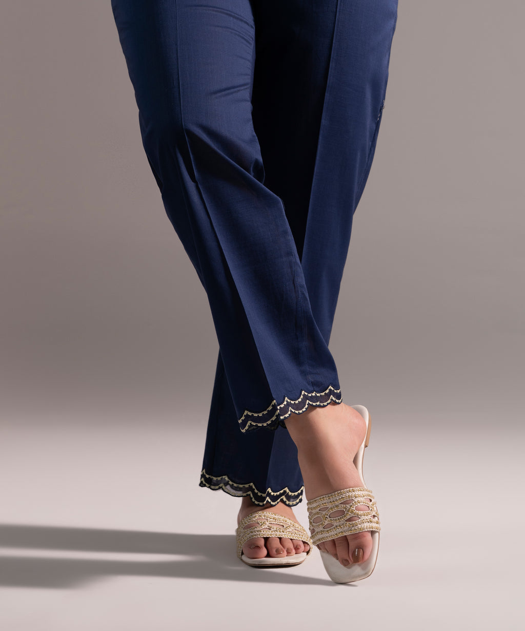 Women's RTW Crosshatch Embroidered Dark Blue Straight Pants