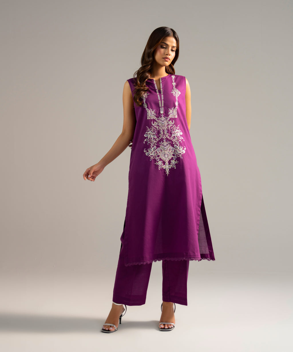 Women's RTW Crosshatch Embroidered Purple Straight Shirt