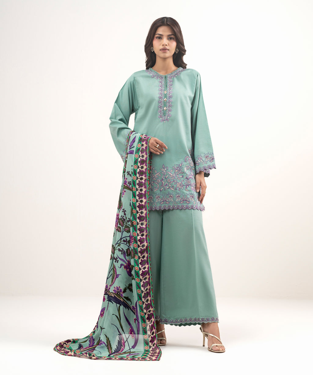 3 Piece - Embroidered Dobby Suit