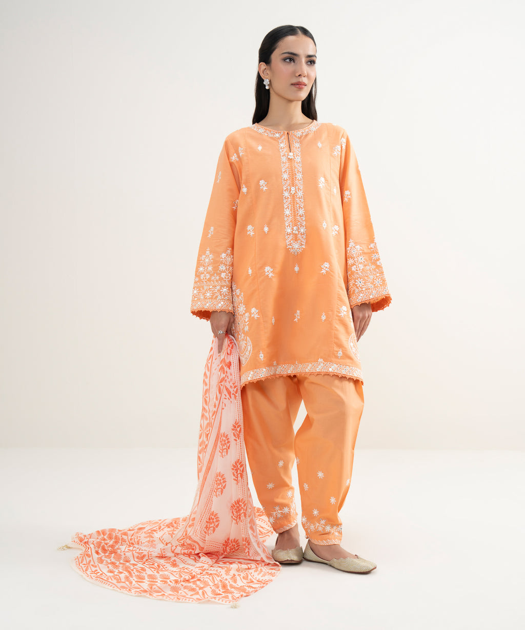 3 Piece - Embroidered Zari Cotton Suit