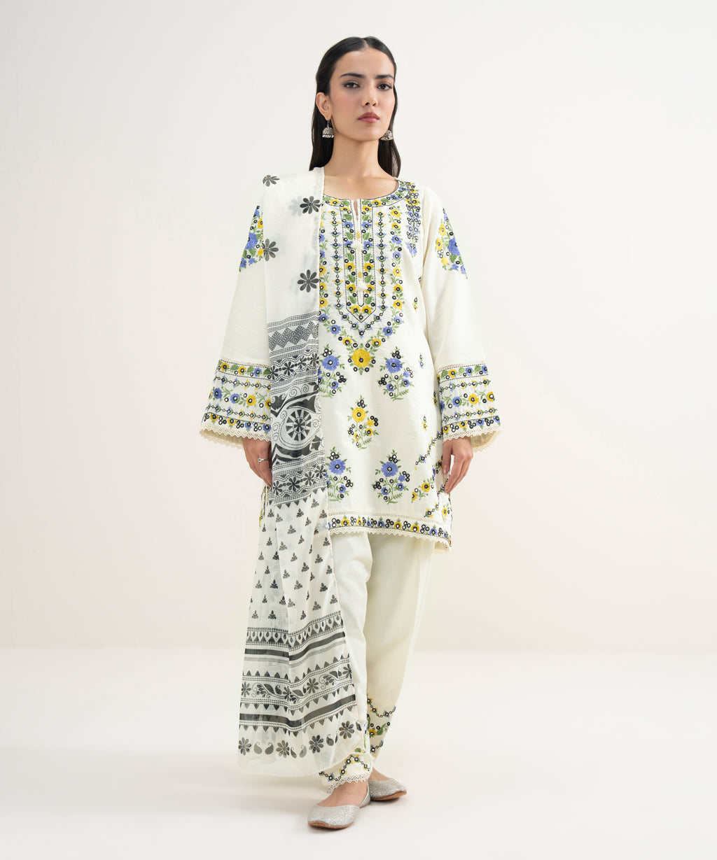 3 Piece - Embroidered Zari Cotton Suit