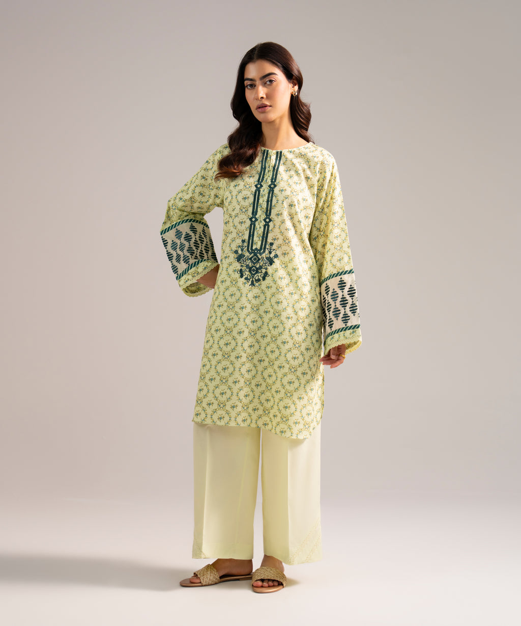 Women's RTW Dobby Embroidered Pale Green Straight Shirt