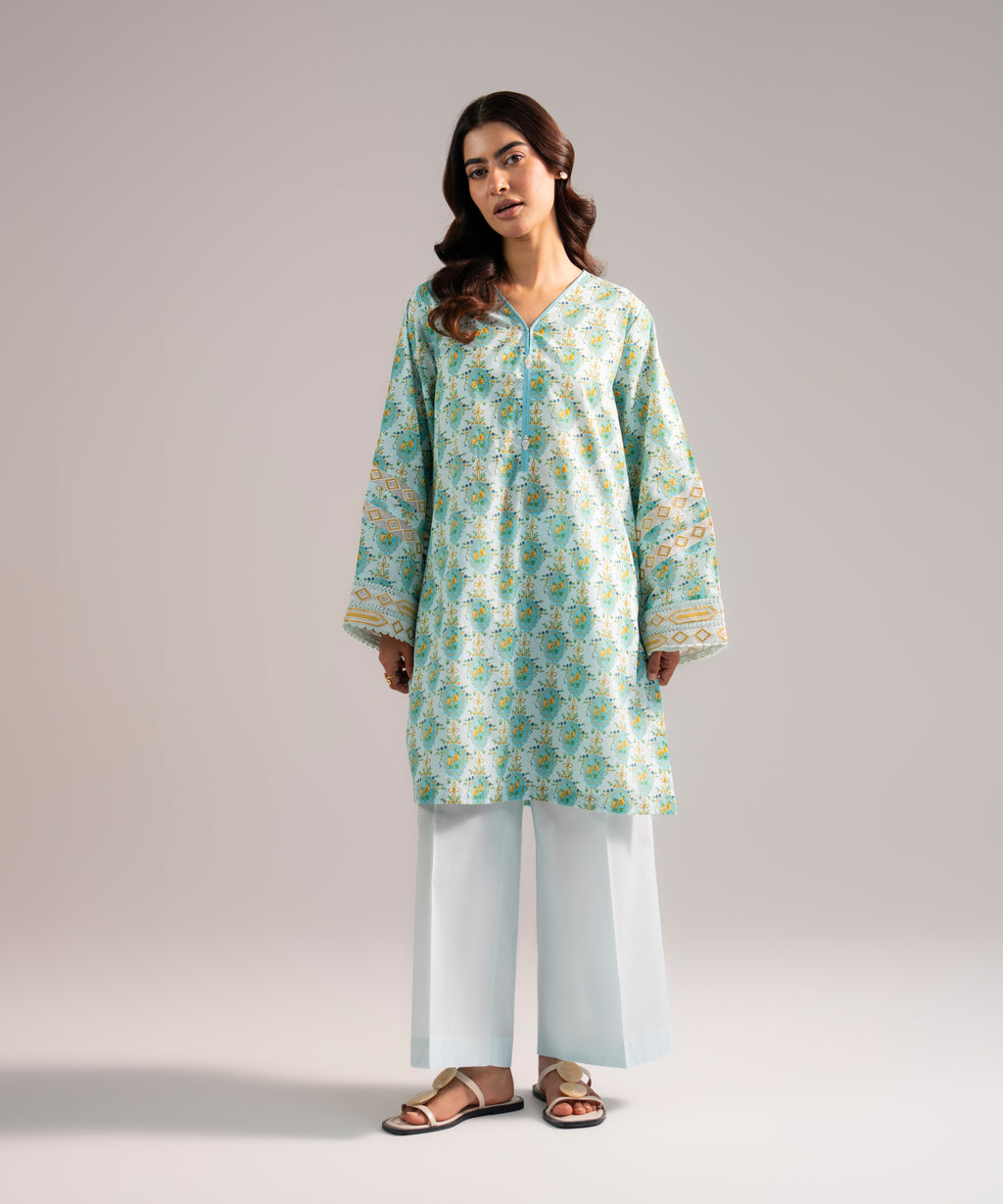 Women's RTW Lawn Embroidered Light Blue Straight Shirt