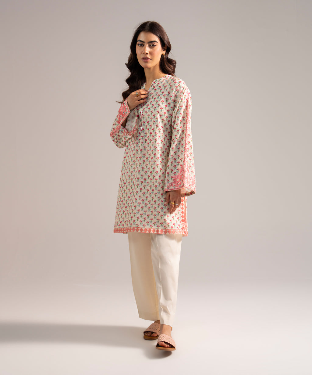 Women's RTW Lawn Embroidered Off White Straight Shirt