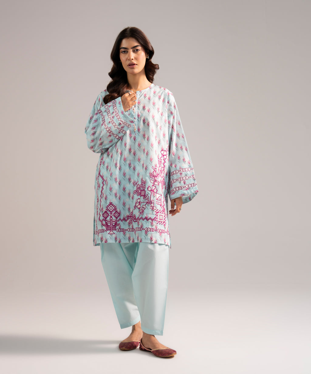 Women's RTW Lawn Embroidered Blue Straight Shirt