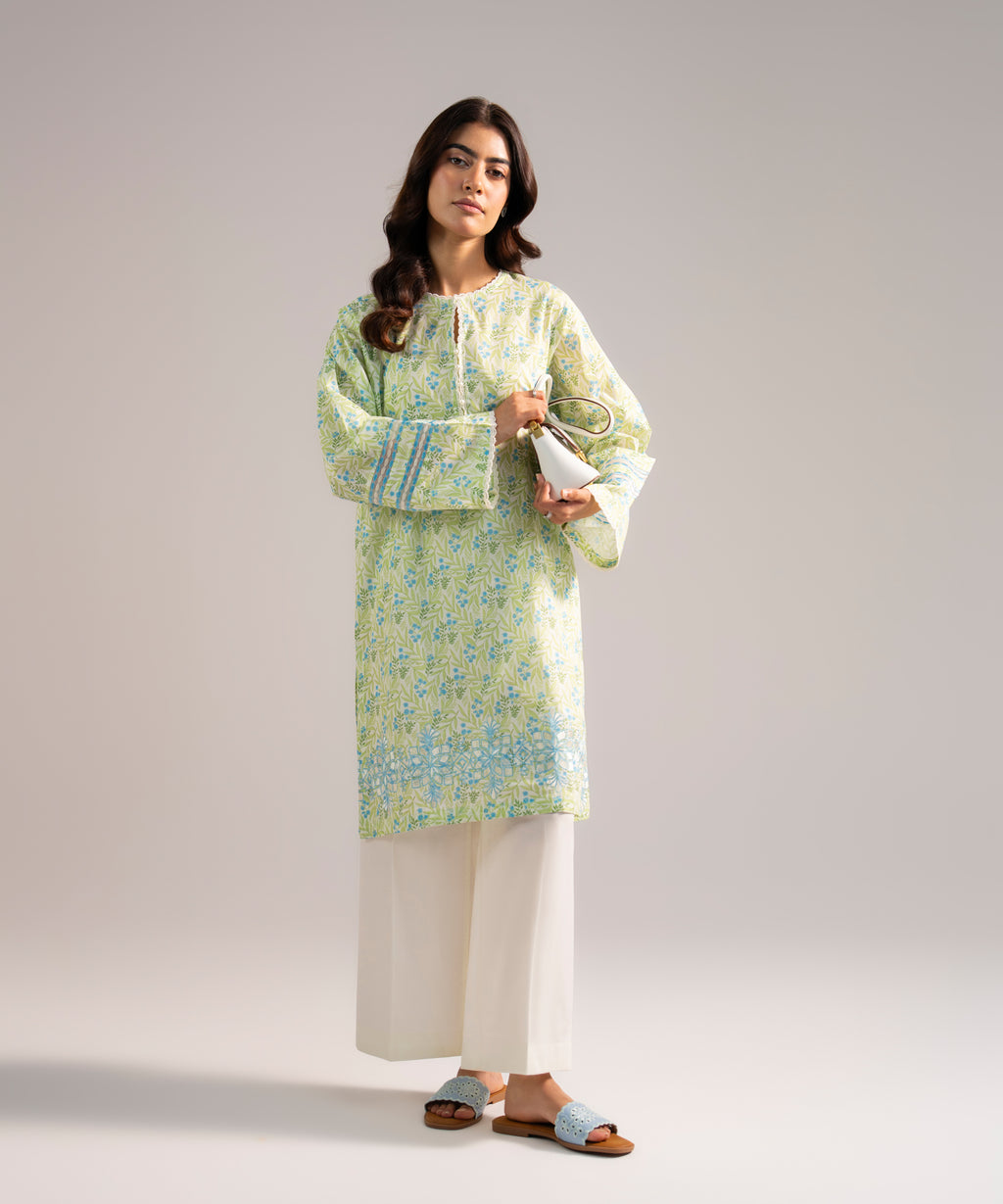 Women's RTW Lawn Embroidered Green Straight Shirt