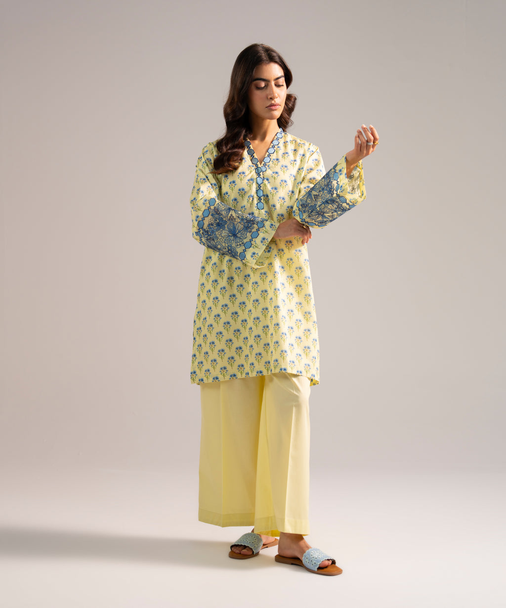 Women's RTW Lawn Embroidered Pale Yellow Straight Shirt