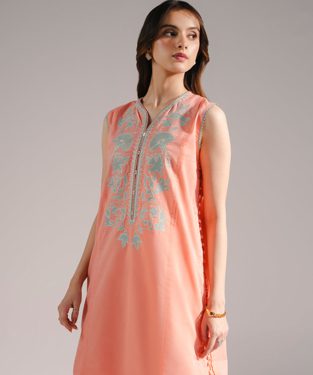 Women's RTW Zari Lawn Embroidered Straight Peach Shirt