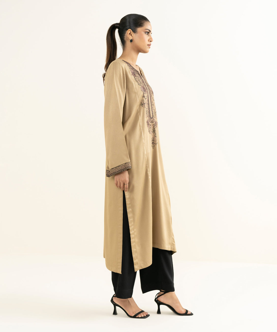 Women's RTW Bedford  Embroidered Beige A-Line Shirt