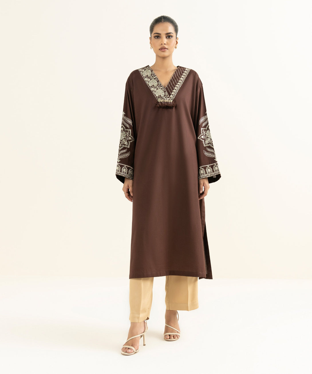 Women's RTW Bedford  Embroidered Brown Drop Shoulder Shirt
