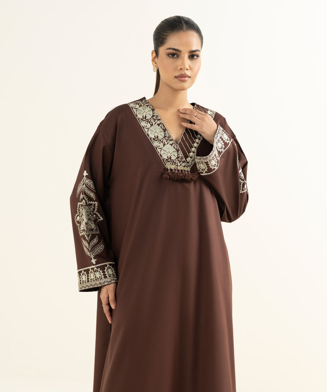 Women's RTW Bedford  Embroidered Brown Drop Shoulder Shirt