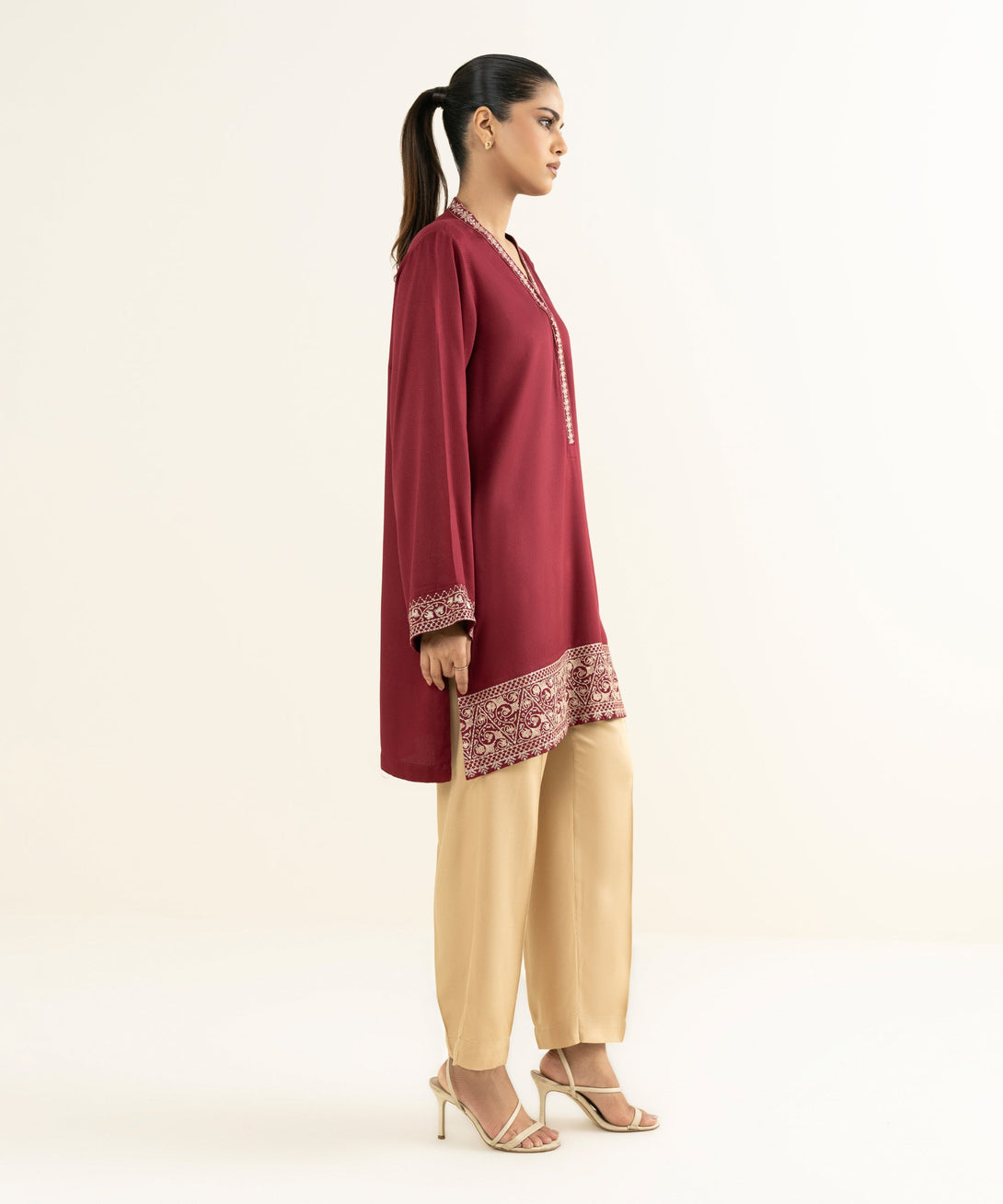 Women's RTW Bedford  Embroidered Maroon Straight Shirt