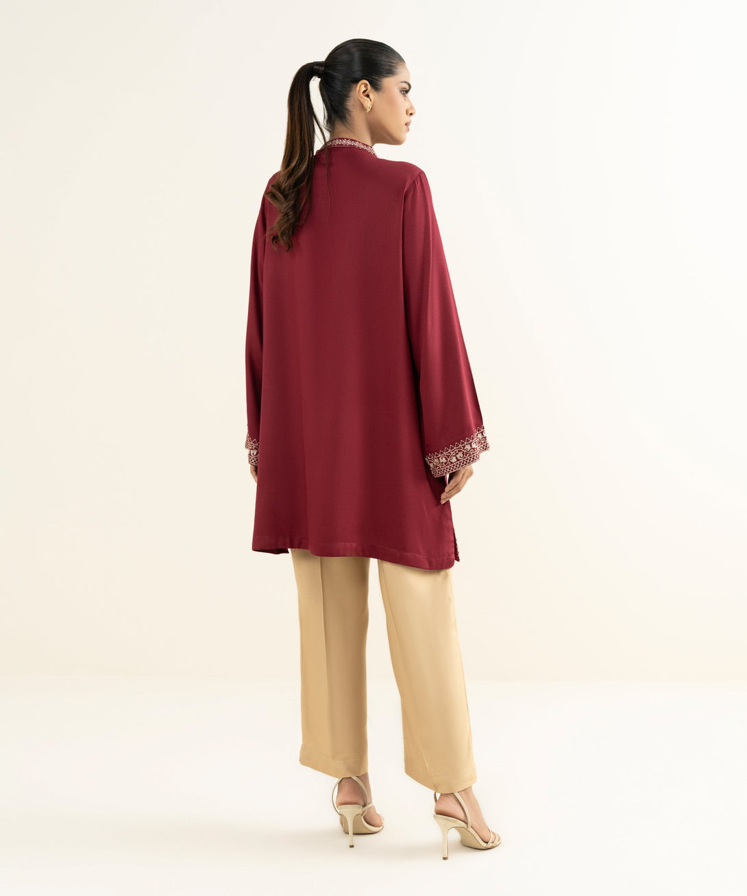 Women's RTW Bedford  Embroidered Maroon Straight Shirt