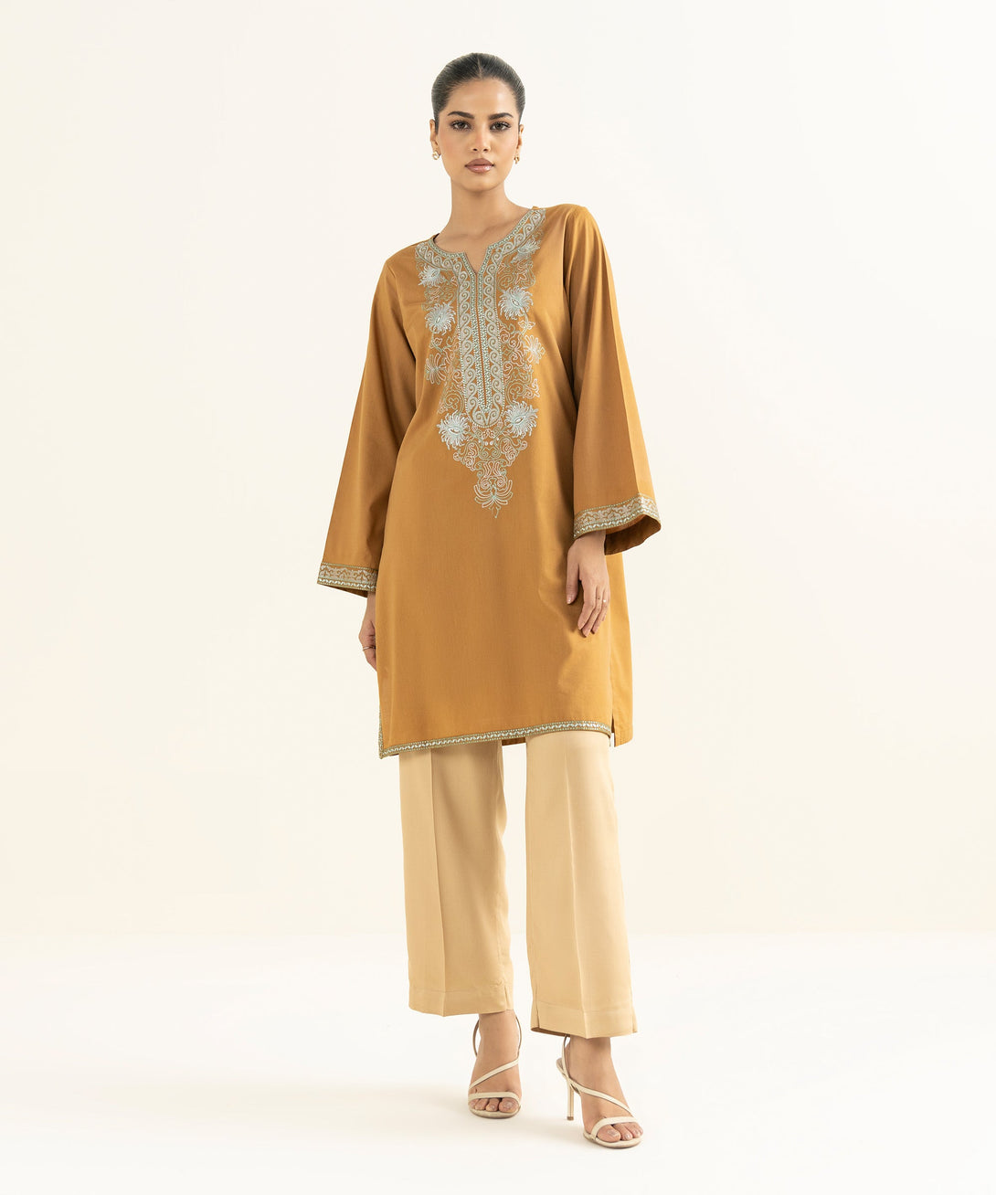 Women's RTW Bedford  Embroidered Mustard Straight Shirt
