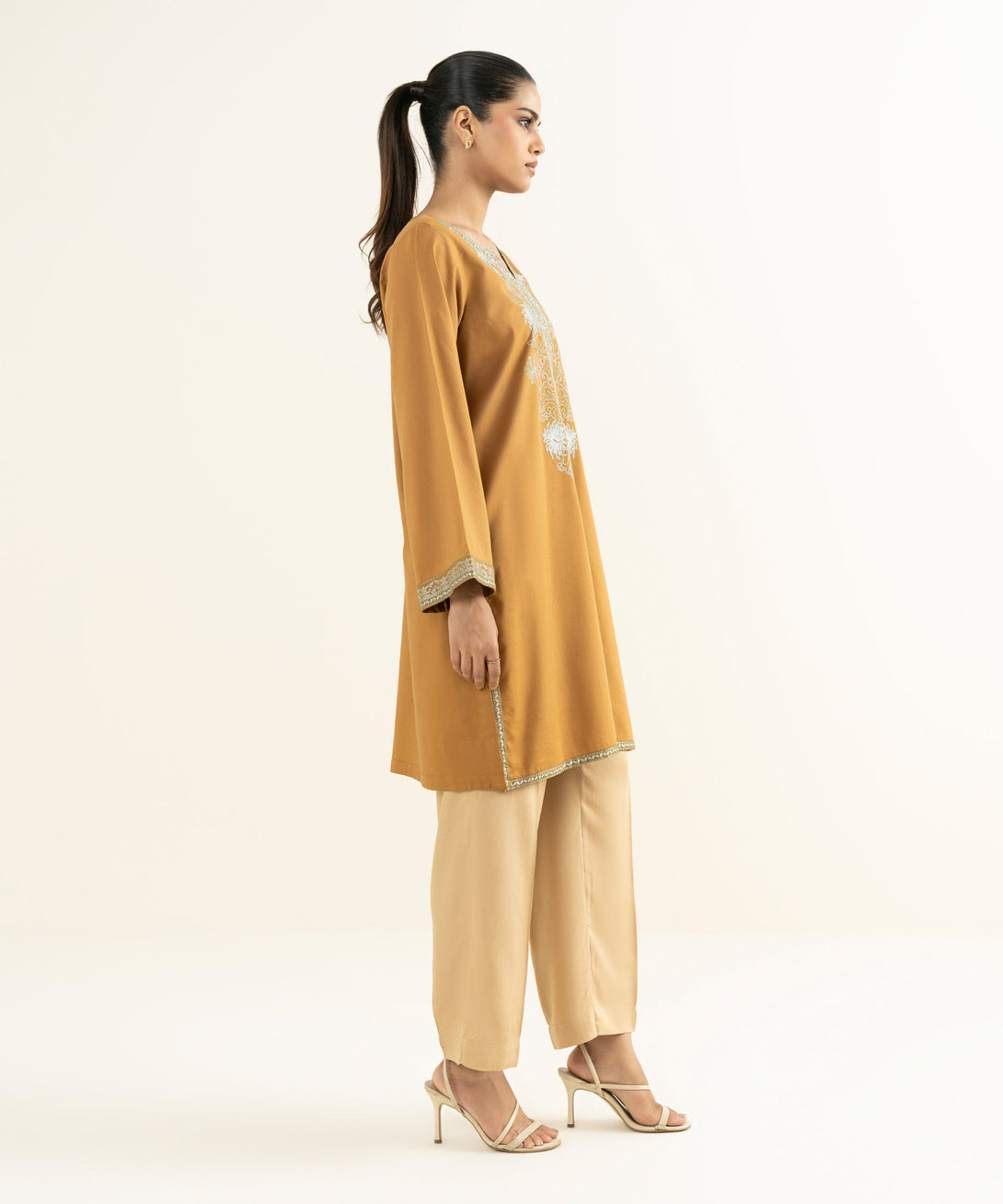 Women's RTW Bedford  Embroidered Mustard Straight Shirt