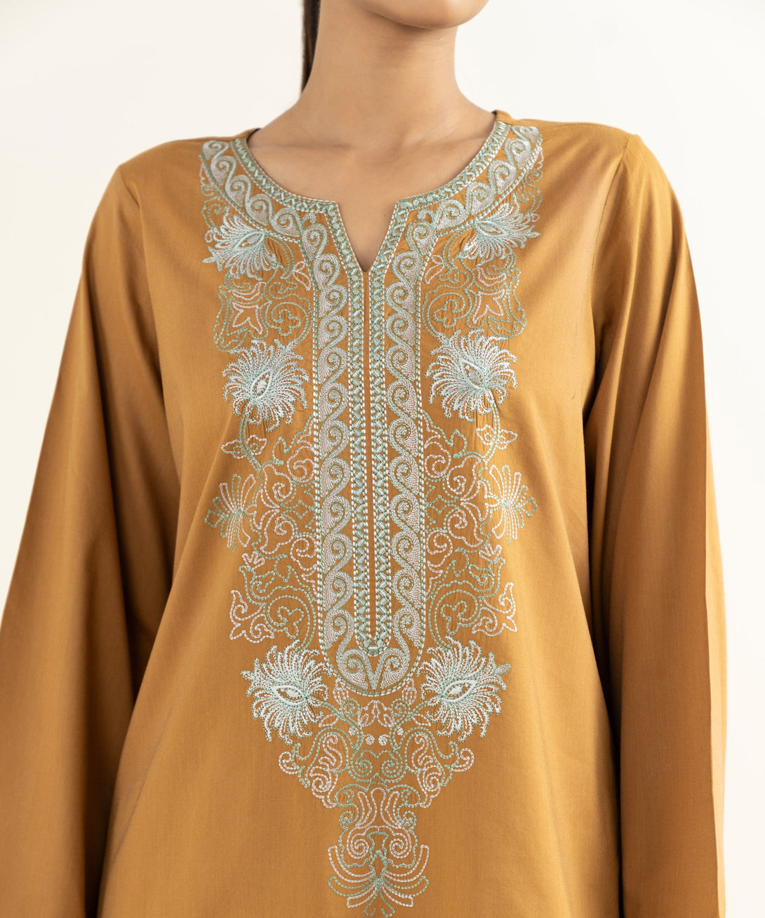 Women's RTW Bedford  Embroidered Mustard Straight Shirt