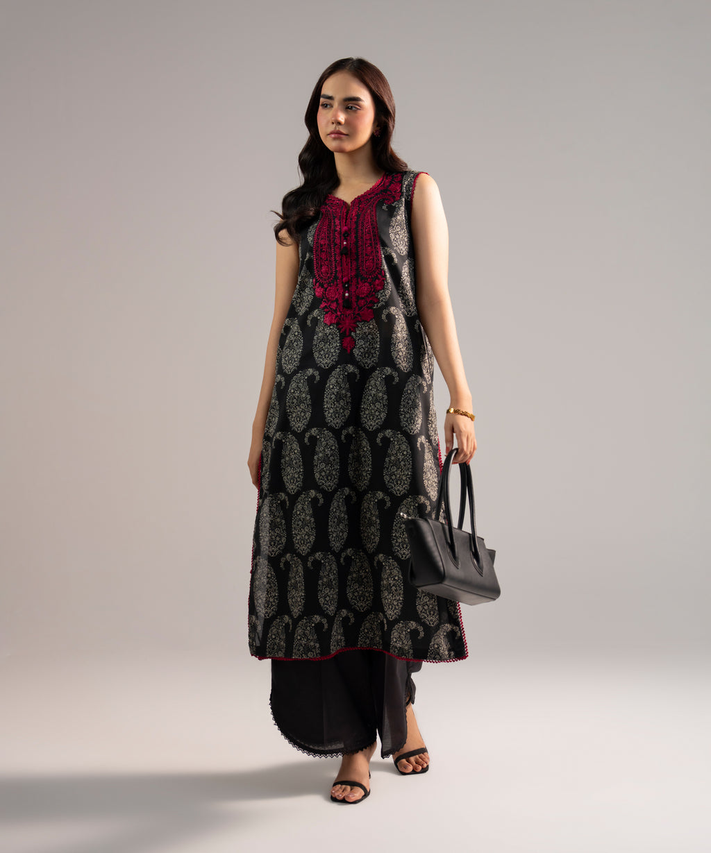 Women's RTW Lawn Embroidered Black Straight Shirt