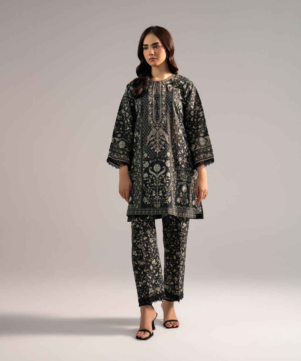 Women's RTW Lawn Embroidered Black Drop Shoulder Shirt