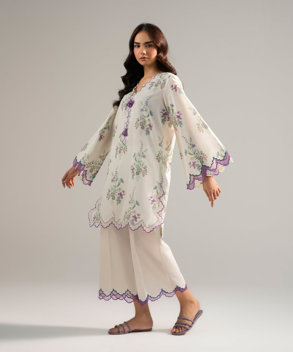 Women's RTW Slub Lawn Embroidered White 2 Piece Suit