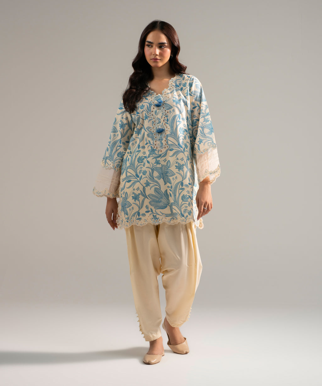 Women's RTW Slub Lawn Embroidered Off White 2 Piece Suit