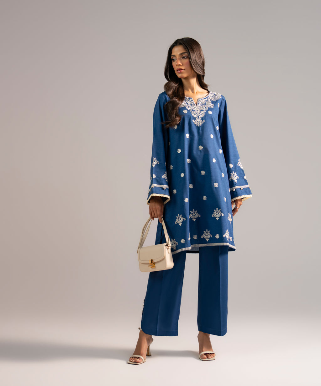 Women's RTW Dobby Embroidered Dark Blue Straight Shirt