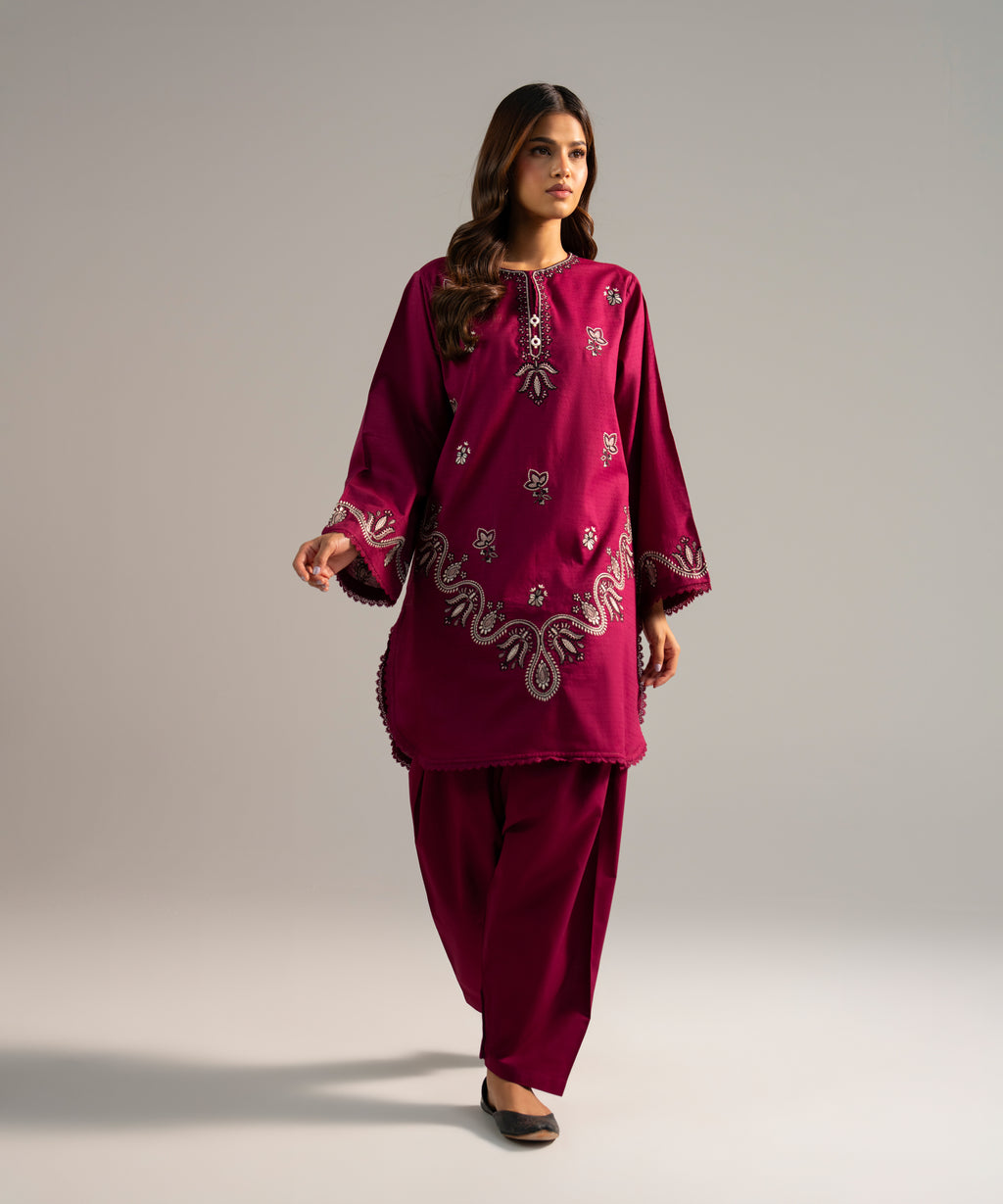 Women's RTW Dobby Embroidered Purple Straight Shirt