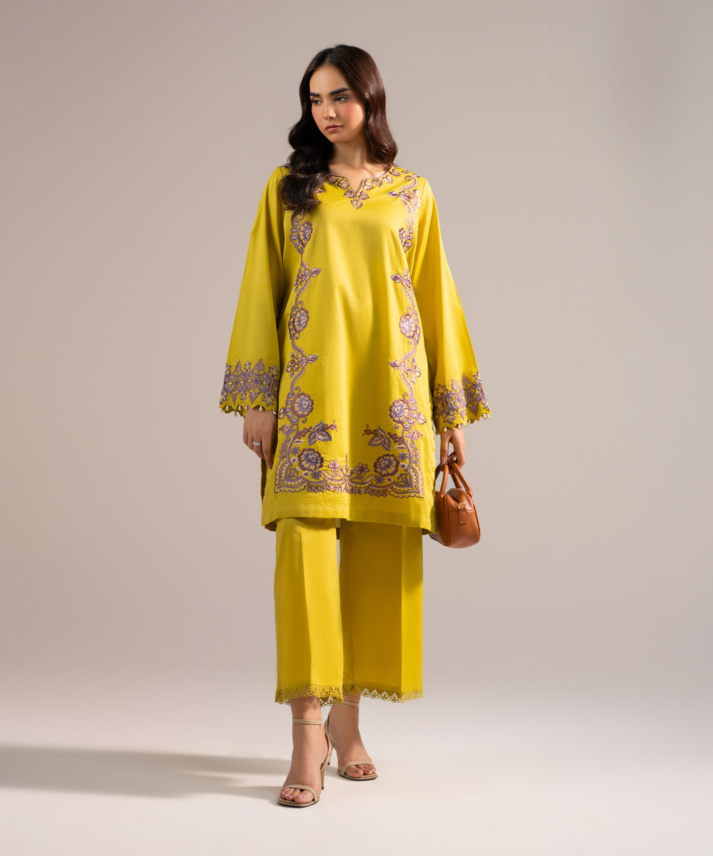 Women's RTW Dobby Embroidered Yellow Straight Shirt