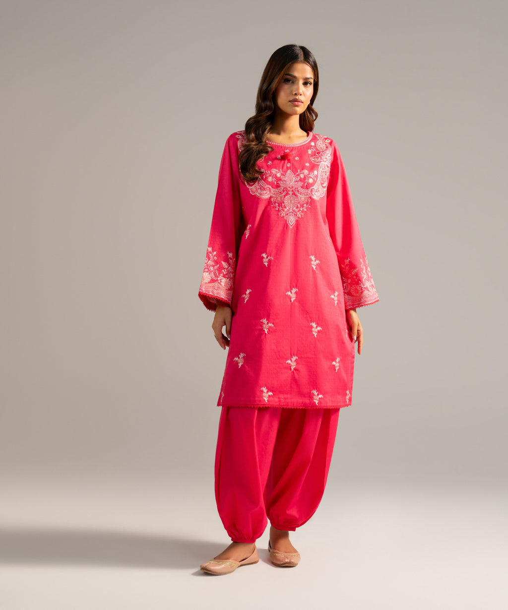 Women's RTW Dobby Embroidered Pink Straight Shirt